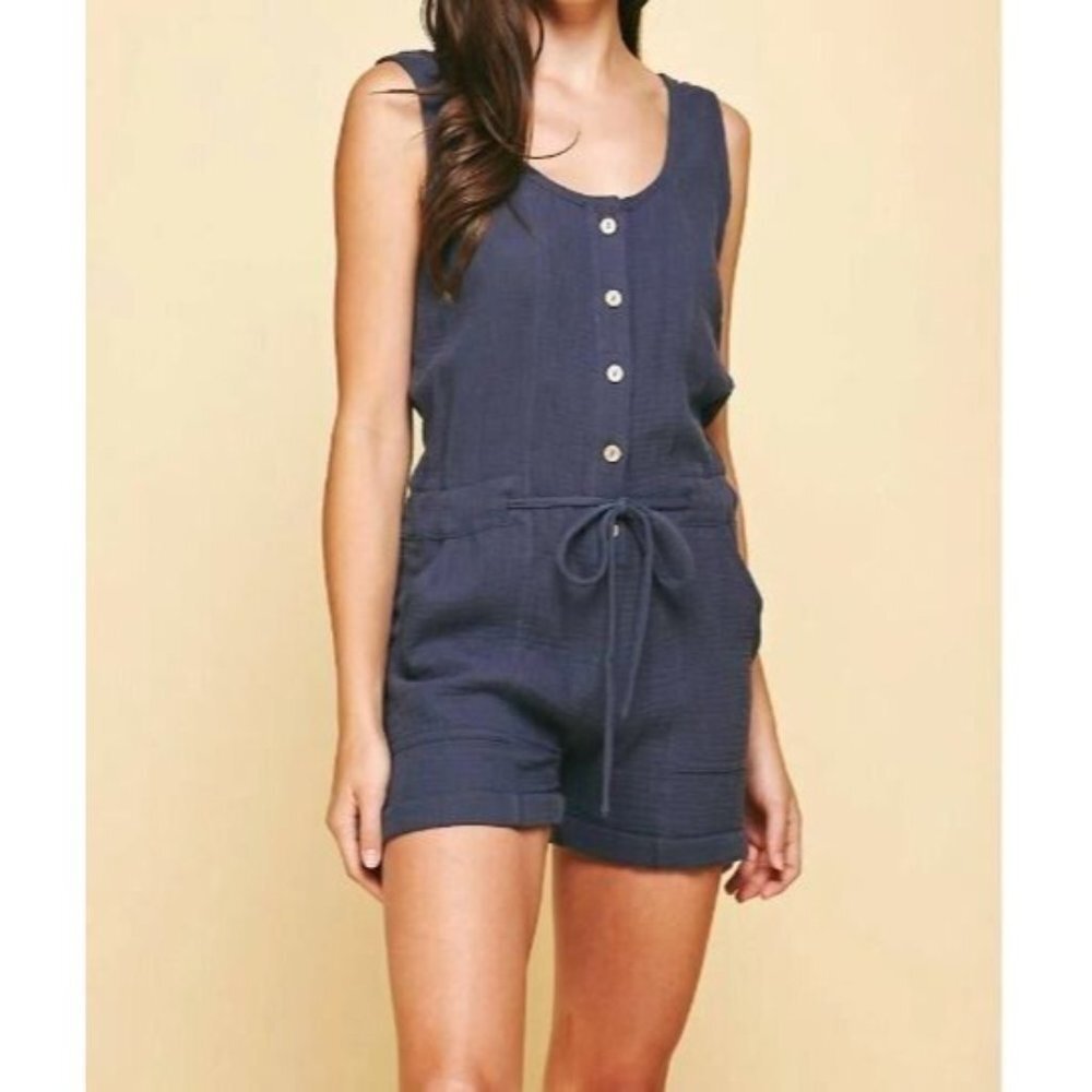 Pinch Darcy Romper Womens Large Drawstring Waist Sleeveless Cotton Gauze Blue
